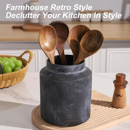 Farmhouse Ceramic Farmhouse Kitchen Utensil Holder for Countertop, Rustic Cooking Utensil Holder Crock Fit for Kitchen Counter. 6.1 x 6.1 x 7 IN