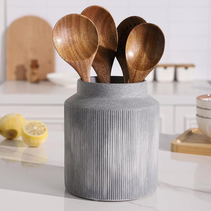 Farmhouse Ceramic Farmhouse Kitchen Utensil Holder for Countertop, Rustic Cooking Utensil Holder Crock Fit for Kitchen Counter. 6.1 x 6.1 x 7 IN