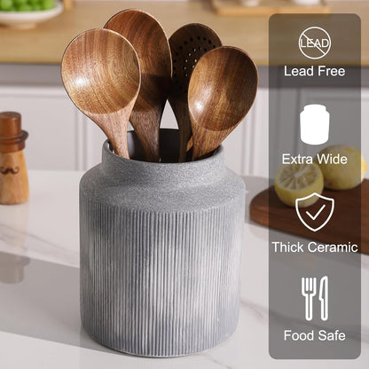 Farmhouse Ceramic Farmhouse Kitchen Utensil Holder for Countertop, Rustic Cooking Utensil Holder Crock Fit for Kitchen Counter. 6.1 x 6.1 x 7 IN