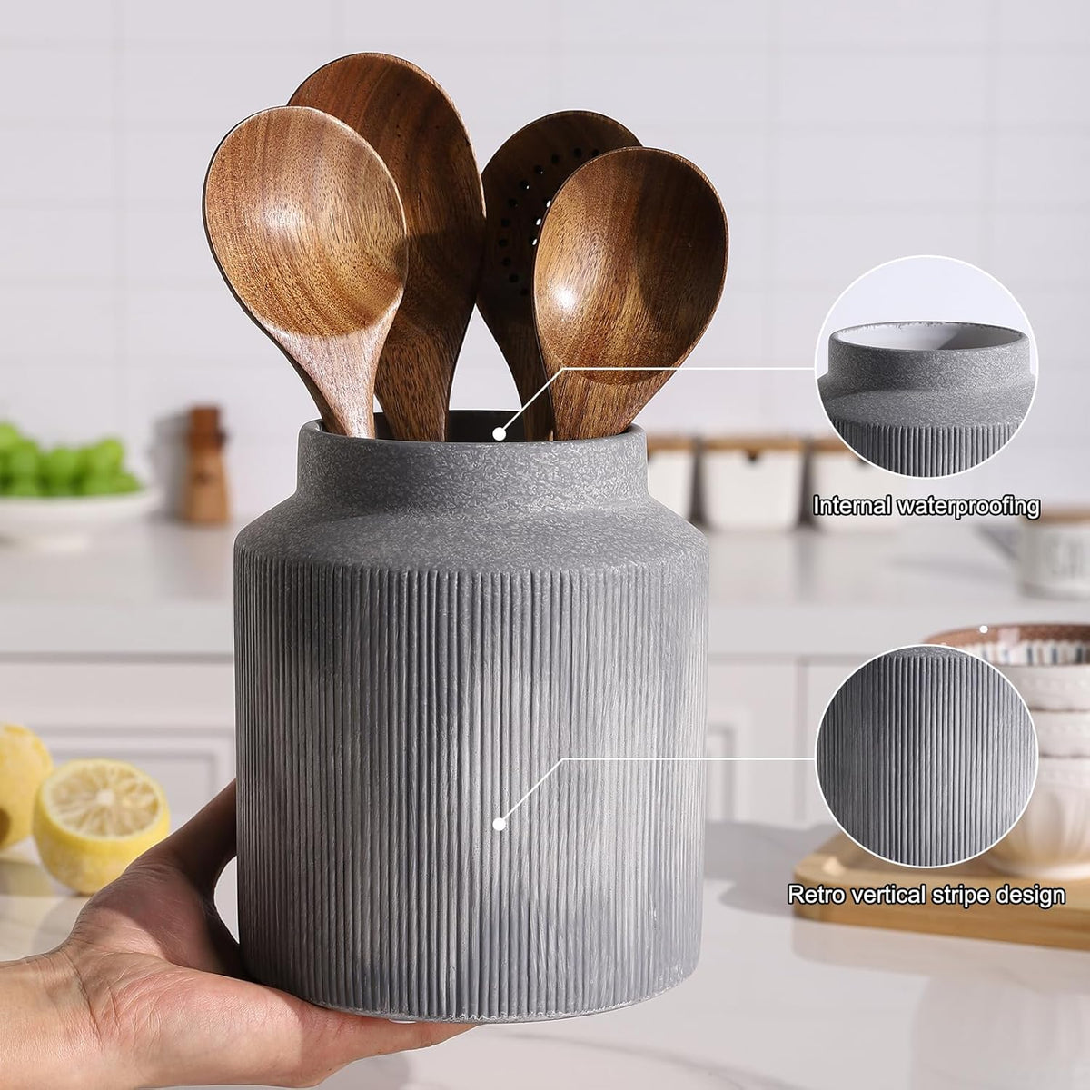 Farmhouse Ceramic Farmhouse Kitchen Utensil Holder for Countertop, Rustic Cooking Utensil Holder Crock Fit for Kitchen Counter. 6.1 x 6.1 x 7 IN