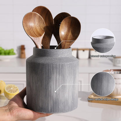Farmhouse Ceramic Farmhouse Kitchen Utensil Holder for Countertop, Rustic Cooking Utensil Holder Crock Fit for Kitchen Counter. 6.1 x 6.1 x 7 IN
