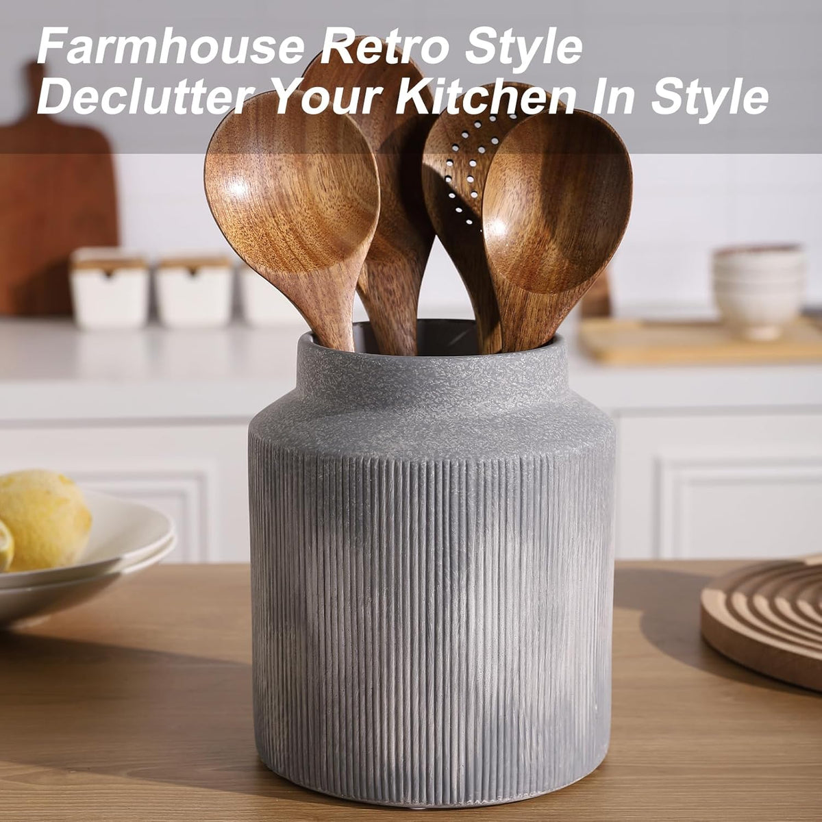 Farmhouse Ceramic Farmhouse Kitchen Utensil Holder for Countertop, Rustic Cooking Utensil Holder Crock Fit for Kitchen Counter. 6.1 x 6.1 x 7 IN