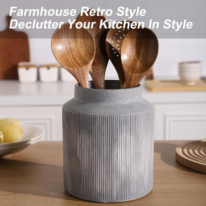 Farmhouse Ceramic Farmhouse Kitchen Utensil Holder for Countertop, Rustic Cooking Utensil Holder Crock Fit for Kitchen Counter. 6.1 x 6.1 x 7 IN