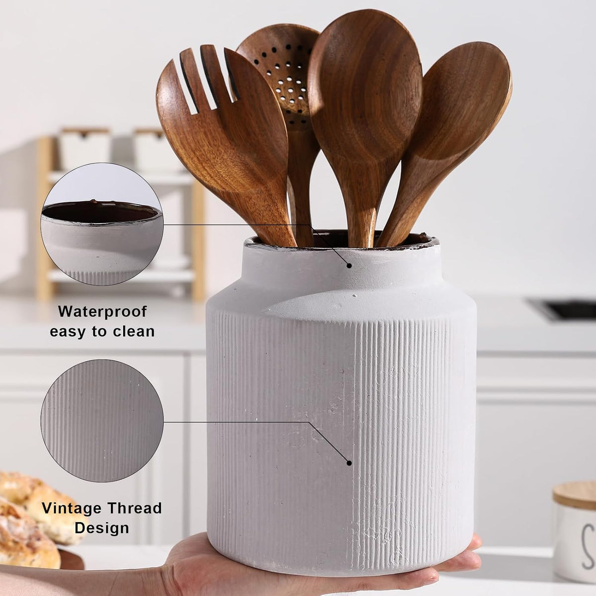 Farmhouse Ceramic Farmhouse Kitchen Utensil Holder for Countertop, Rustic Cooking Utensil Holder Crock Fit for Kitchen Counter. 6.1 x 6.1 x 7 IN