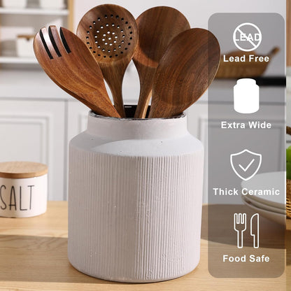 Farmhouse Ceramic Farmhouse Kitchen Utensil Holder for Countertop, Rustic Cooking Utensil Holder Crock Fit for Kitchen Counter. 6.1 x 6.1 x 7 IN