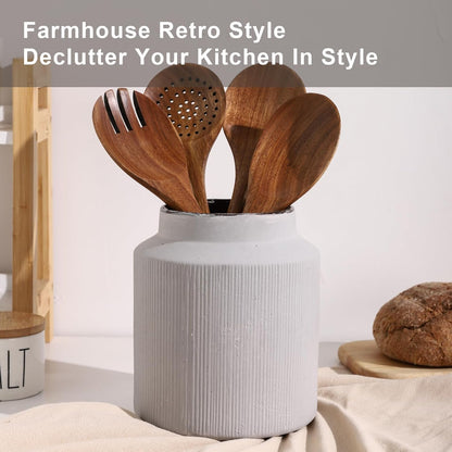 Farmhouse Ceramic Farmhouse Kitchen Utensil Holder for Countertop, Rustic Cooking Utensil Holder Crock Fit for Kitchen Counter. 6.1 x 6.1 x 7 IN