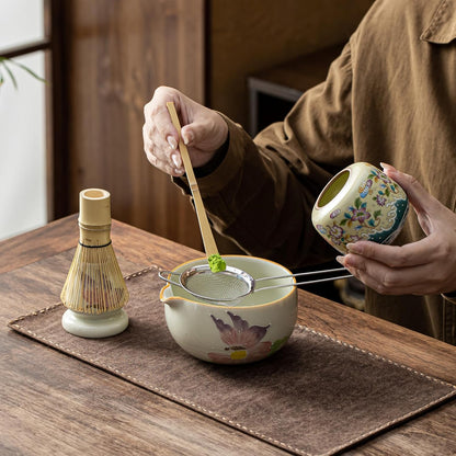Matcha Set, Matcha Whisk Set Includes Hand-Drawn Matcha Bowl with Spout, Bamboo Whisk, Matcha Whisk Holder, Bamboo Scoop, Sifter - 5pcs Perfect Matcha Kit for Matcha Tea Ceremony