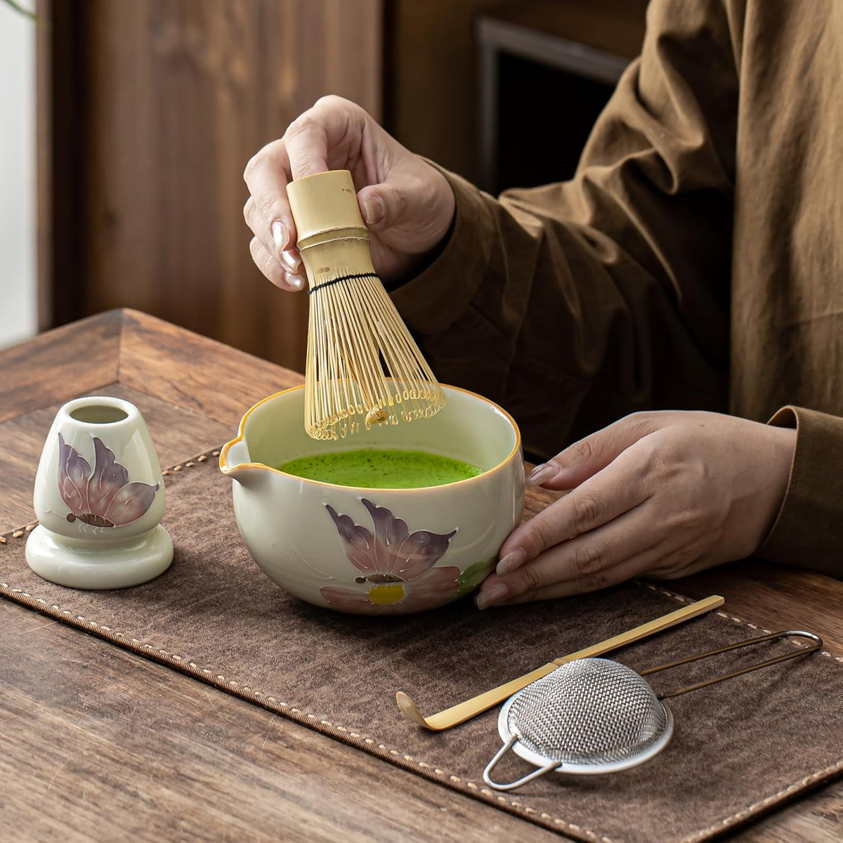 Matcha Set, Matcha Whisk Set Includes Hand-Drawn Matcha Bowl with Spout, Bamboo Whisk, Matcha Whisk Holder, Bamboo Scoop, Sifter - 5pcs Perfect Matcha Kit for Matcha Tea Ceremony