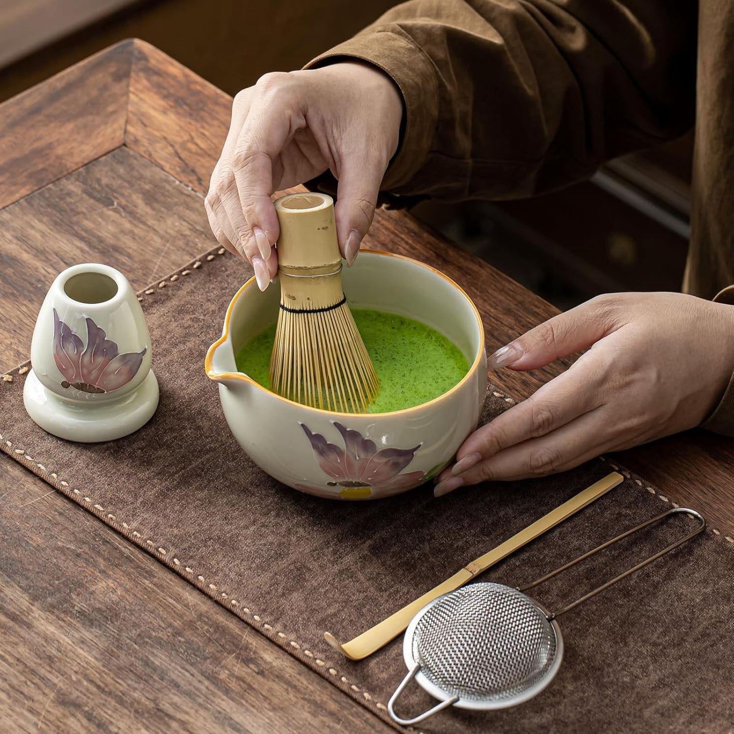 Matcha Set, Matcha Whisk Set Includes Hand-Drawn Matcha Bowl with Spout, Bamboo Whisk, Matcha Whisk Holder, Bamboo Scoop, Sifter - 5pcs Perfect Matcha Kit for Matcha Tea Ceremony