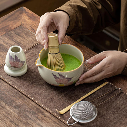 Matcha Set, Matcha Whisk Set Includes Hand-Drawn Matcha Bowl with Spout, Bamboo Whisk, Matcha Whisk Holder, Bamboo Scoop, Sifter - 5pcs Perfect Matcha Kit for Matcha Tea Ceremony