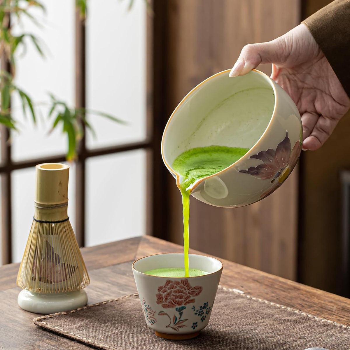 Matcha Set, Matcha Whisk Set Includes Hand-Drawn Matcha Bowl with Spout, Bamboo Whisk, Matcha Whisk Holder, Bamboo Scoop, Sifter - 5pcs Perfect Matcha Kit for Matcha Tea Ceremony