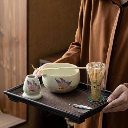 Matcha Set, Matcha Whisk Set Includes Hand-Drawn Matcha Bowl with Spout, Bamboo Whisk, Matcha Whisk Holder, Bamboo Scoop, Sifter - 5pcs Perfect Matcha Kit for Matcha Tea Ceremony