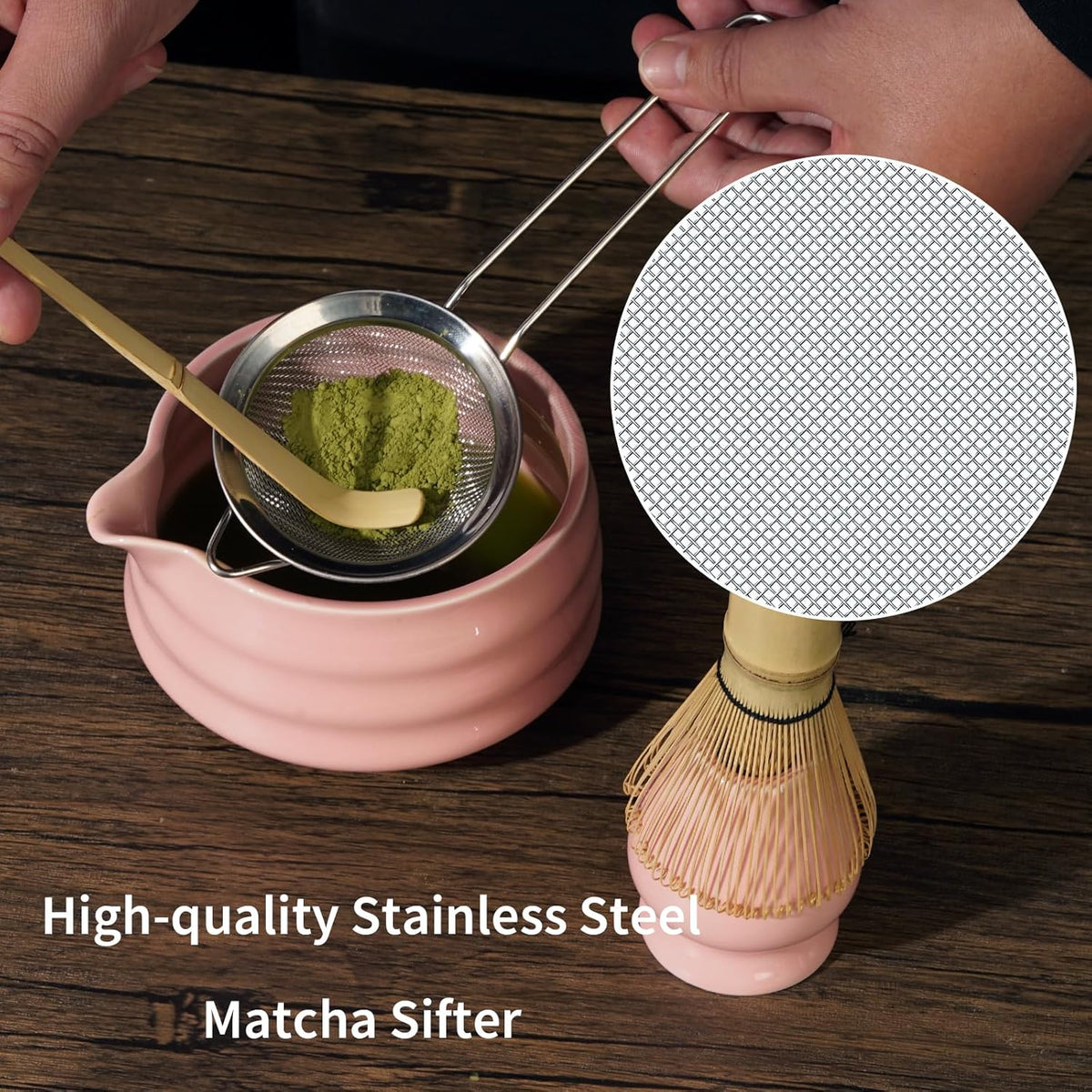 Matcha Set, Matcha Whisk Set Includes Hand-Drawn Matcha Bowl with Spout, Bamboo Whisk, Matcha Whisk Holder, Bamboo Scoop, Sifter - 5pcs Perfect Matcha Kit for Matcha Tea Ceremony