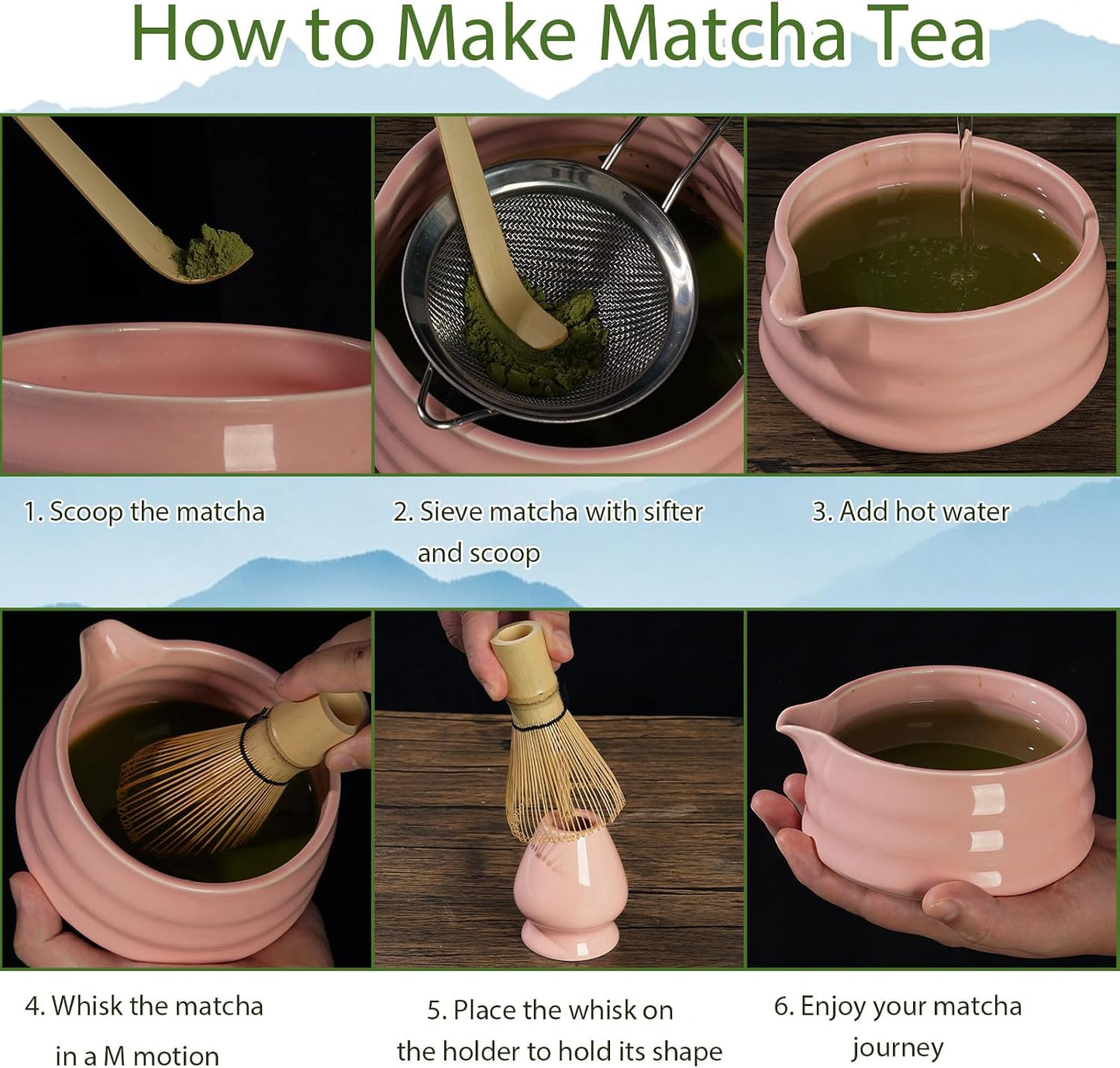 Matcha Set, Matcha Whisk Set Includes Hand-Drawn Matcha Bowl with Spout, Bamboo Whisk, Matcha Whisk Holder, Bamboo Scoop, Sifter - 5pcs Perfect Matcha Kit for Matcha Tea Ceremony