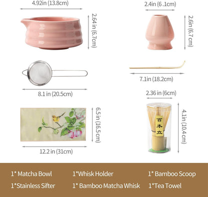 Matcha Set, Matcha Whisk Set Includes Hand-Drawn Matcha Bowl with Spout, Bamboo Whisk, Matcha Whisk Holder, Bamboo Scoop, Sifter - 5pcs Perfect Matcha Kit for Matcha Tea Ceremony