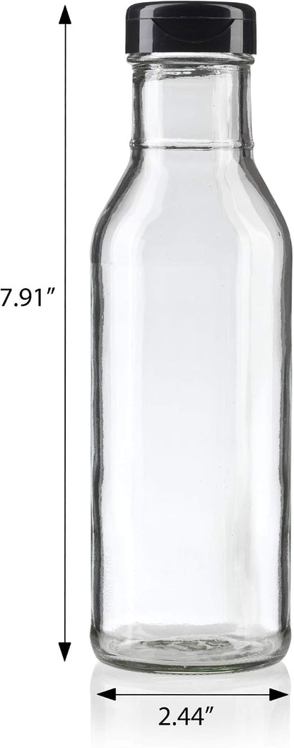 12 oz Professional Clear Glass Thick Wall Sauce Bottle with Drip Resistant Flip Top Cap (4 Pack) for BBQ Sauce, Salad Dressings, more