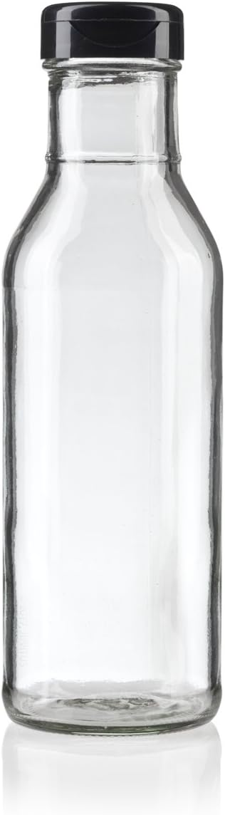 12 oz Professional Clear Glass Thick Wall Sauce Bottle with Drip Resistant Flip Top Cap (4 Pack) for BBQ Sauce, Salad Dressings, more