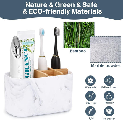 Toothbrush Holders for Bathrooms, 5 Slots Bamboo Toothbrush Holder Kids Electric Toothbrush Holder and Toothpaste Holder for Bathroom Countertop Accessories Storage, Marble Toothbrush Organizer