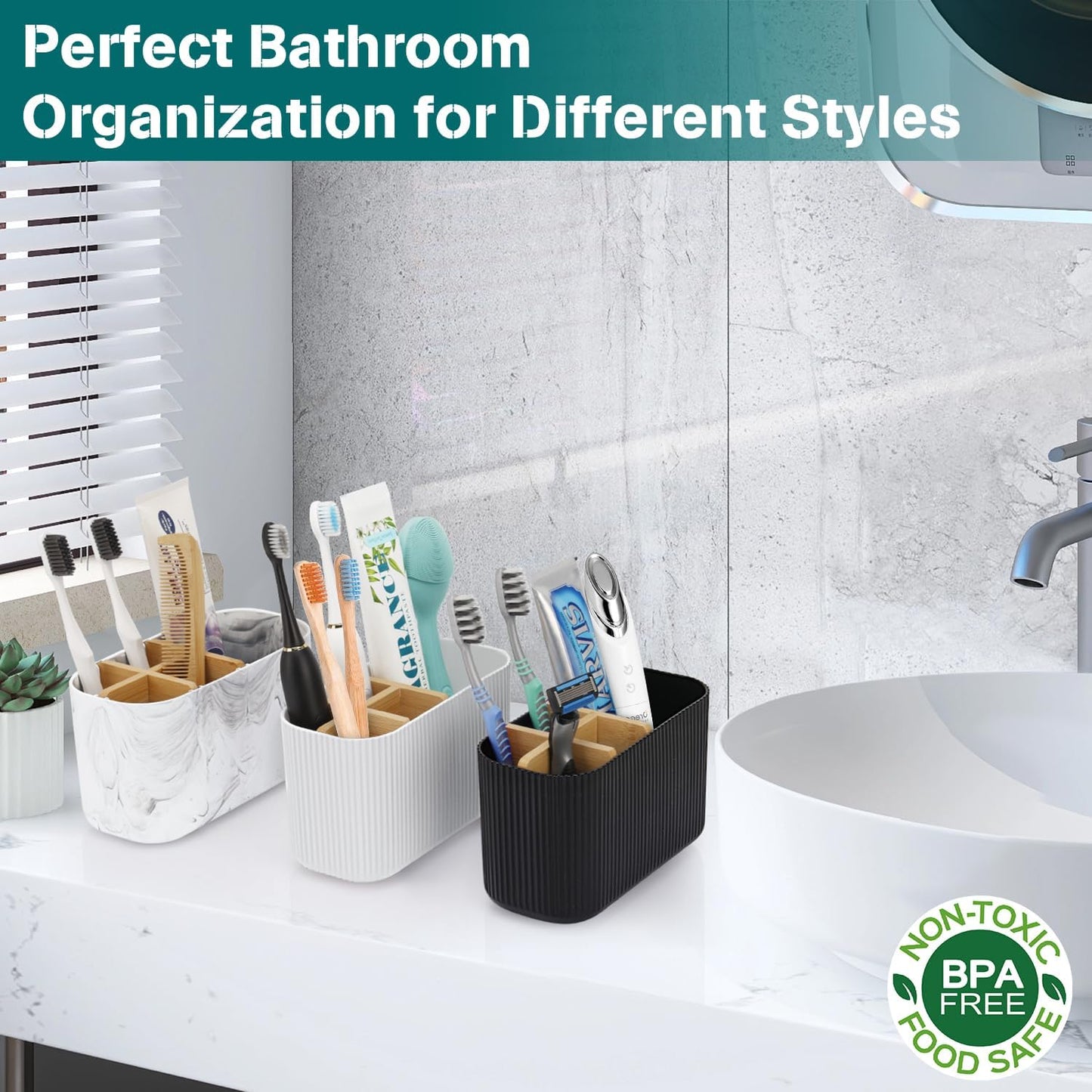 Toothbrush Holders for Bathrooms, 5 Slots Bamboo Toothbrush Holder Kids Electric Toothbrush Holder and Toothpaste Holder for Bathroom Countertop Accessories Storage, Marble Toothbrush Organizer
