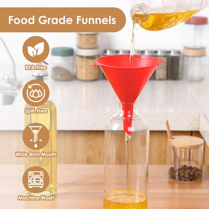 4 PCS Plastic Kitchen Funnel Set with Clean Brush, Food Grade Funnel for Kitchen Use Filling Bottles, Liquid, Protein Powder, Multifunctional Funnels for Cooking, Lab and Automotive Use