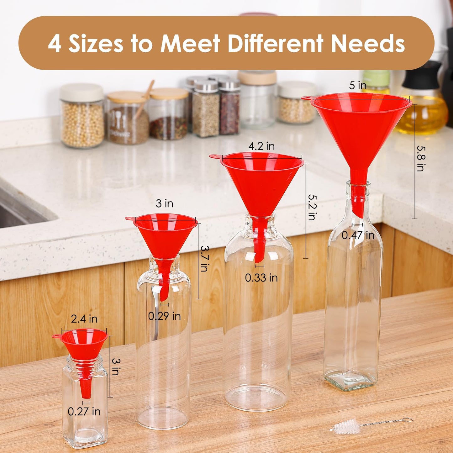 4 PCS Plastic Kitchen Funnel Set with Clean Brush, Food Grade Funnel for Kitchen Use Filling Bottles, Liquid, Protein Powder, Multifunctional Funnels for Cooking, Lab and Automotive Use