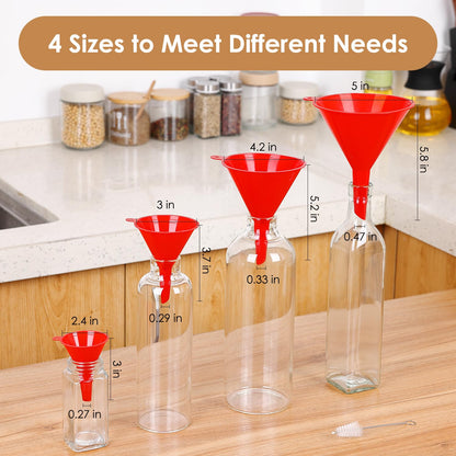 4 PCS Plastic Kitchen Funnel Set with Clean Brush, Food Grade Funnel for Kitchen Use Filling Bottles, Liquid, Protein Powder, Multifunctional Funnels for Cooking, Lab and Automotive Use