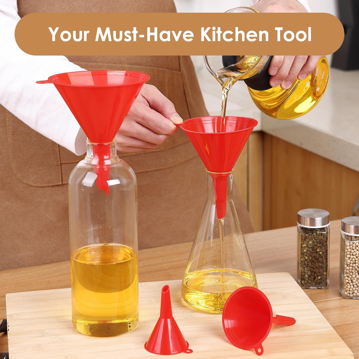4 PCS Plastic Kitchen Funnel Set with Clean Brush, Food Grade Funnel for Kitchen Use Filling Bottles, Liquid, Protein Powder, Multifunctional Funnels for Cooking, Lab and Automotive Use