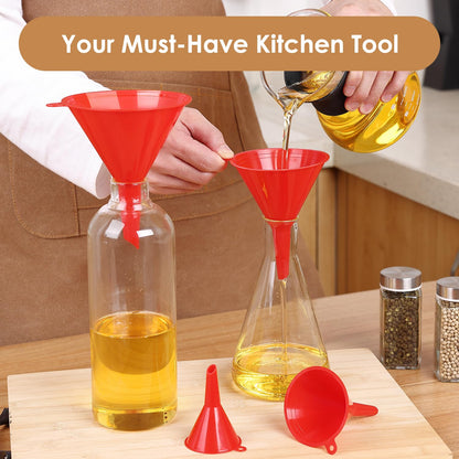 4 PCS Plastic Kitchen Funnel Set with Clean Brush, Food Grade Funnel for Kitchen Use Filling Bottles, Liquid, Protein Powder, Multifunctional Funnels for Cooking, Lab and Automotive Use