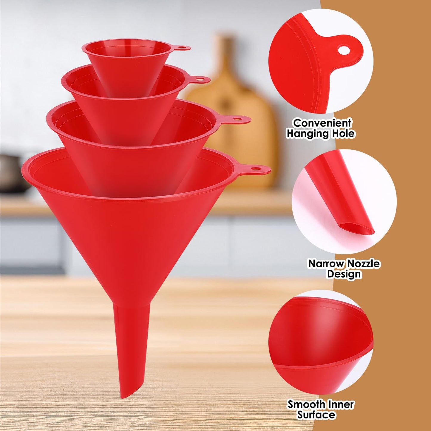 4 PCS Plastic Kitchen Funnel Set with Clean Brush, Food Grade Funnel for Kitchen Use Filling Bottles, Liquid, Protein Powder, Multifunctional Funnels for Cooking, Lab and Automotive Use