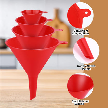 4 PCS Plastic Kitchen Funnel Set with Clean Brush, Food Grade Funnel for Kitchen Use Filling Bottles, Liquid, Protein Powder, Multifunctional Funnels for Cooking, Lab and Automotive Use