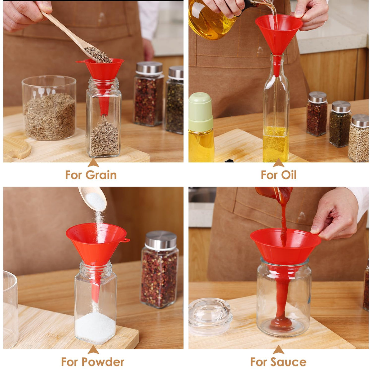 4 PCS Plastic Kitchen Funnel Set with Clean Brush, Food Grade Funnel for Kitchen Use Filling Bottles, Liquid, Protein Powder, Multifunctional Funnels for Cooking, Lab and Automotive Use