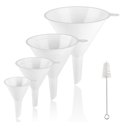 4 PCS Plastic Kitchen Funnel Set with Clean Brush, Food Grade Funnel for Kitchen Use Filling Bottles, Liquid, Protein Powder, Multifunctional Funnels for Cooking, Lab and Automotive Use
