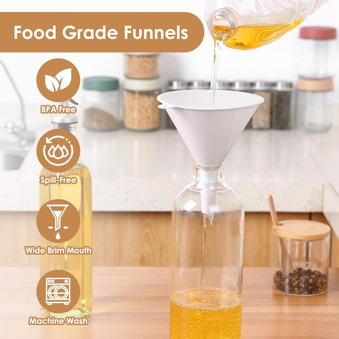 4 PCS Plastic Kitchen Funnel Set with Clean Brush, Food Grade Funnel for Kitchen Use Filling Bottles, Liquid, Protein Powder, Multifunctional Funnels for Cooking, Lab and Automotive Use