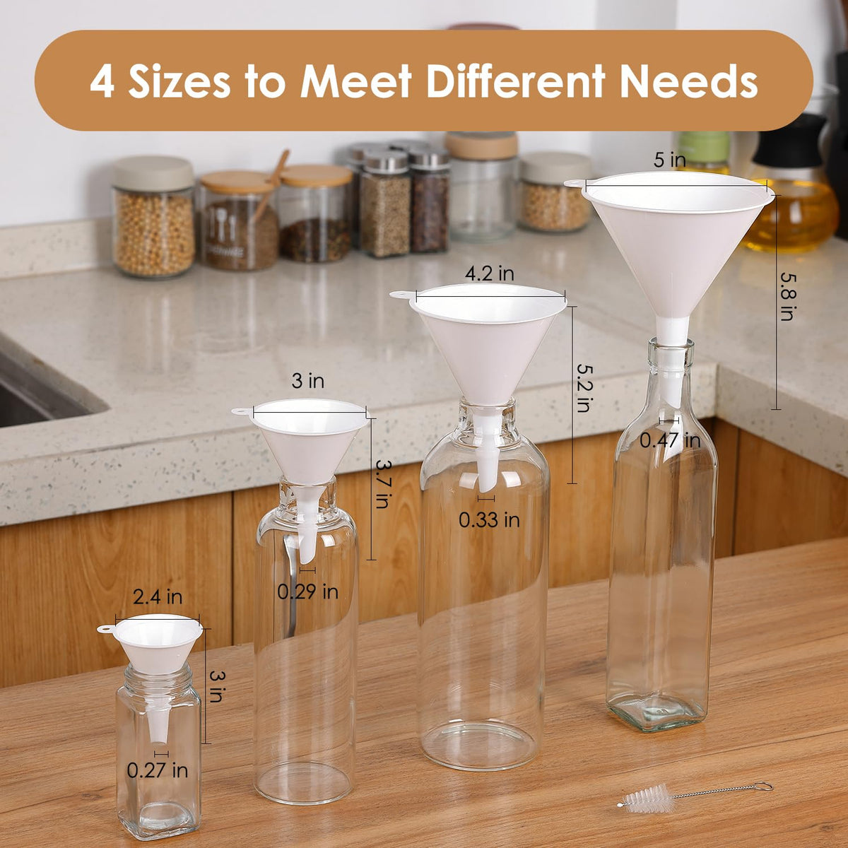 4 PCS Plastic Kitchen Funnel Set with Clean Brush, Food Grade Funnel for Kitchen Use Filling Bottles, Liquid, Protein Powder, Multifunctional Funnels for Cooking, Lab and Automotive Use