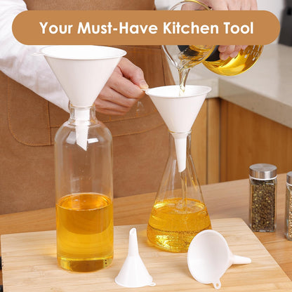 4 PCS Plastic Kitchen Funnel Set with Clean Brush, Food Grade Funnel for Kitchen Use Filling Bottles, Liquid, Protein Powder, Multifunctional Funnels for Cooking, Lab and Automotive Use