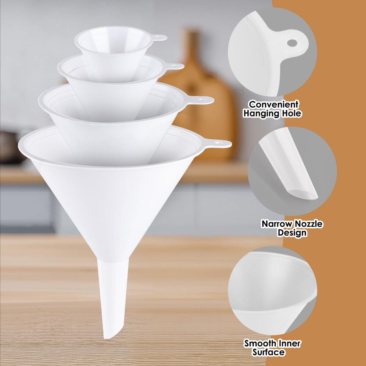 4 PCS Plastic Kitchen Funnel Set with Clean Brush, Food Grade Funnel for Kitchen Use Filling Bottles, Liquid, Protein Powder, Multifunctional Funnels for Cooking, Lab and Automotive Use