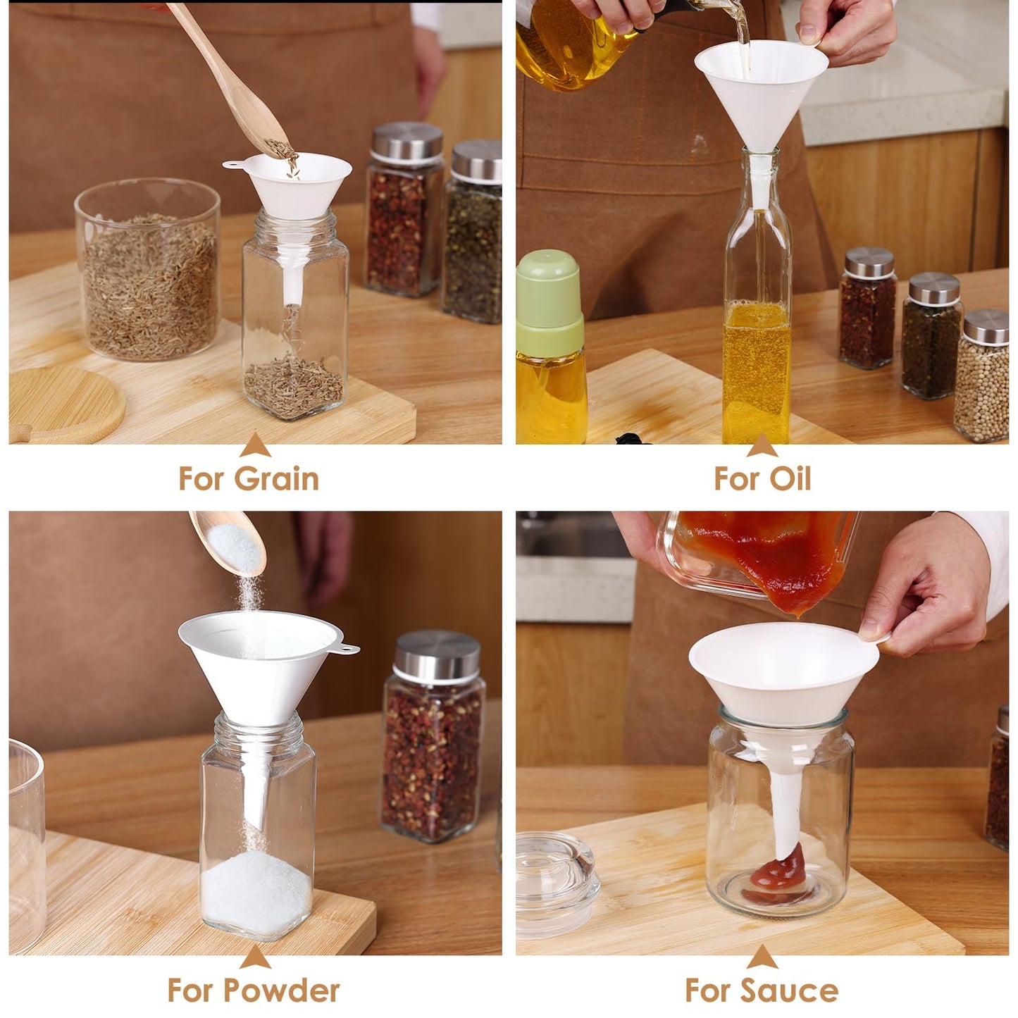 4 PCS Plastic Kitchen Funnel Set with Clean Brush, Food Grade Funnel for Kitchen Use Filling Bottles, Liquid, Protein Powder, Multifunctional Funnels for Cooking, Lab and Automotive Use