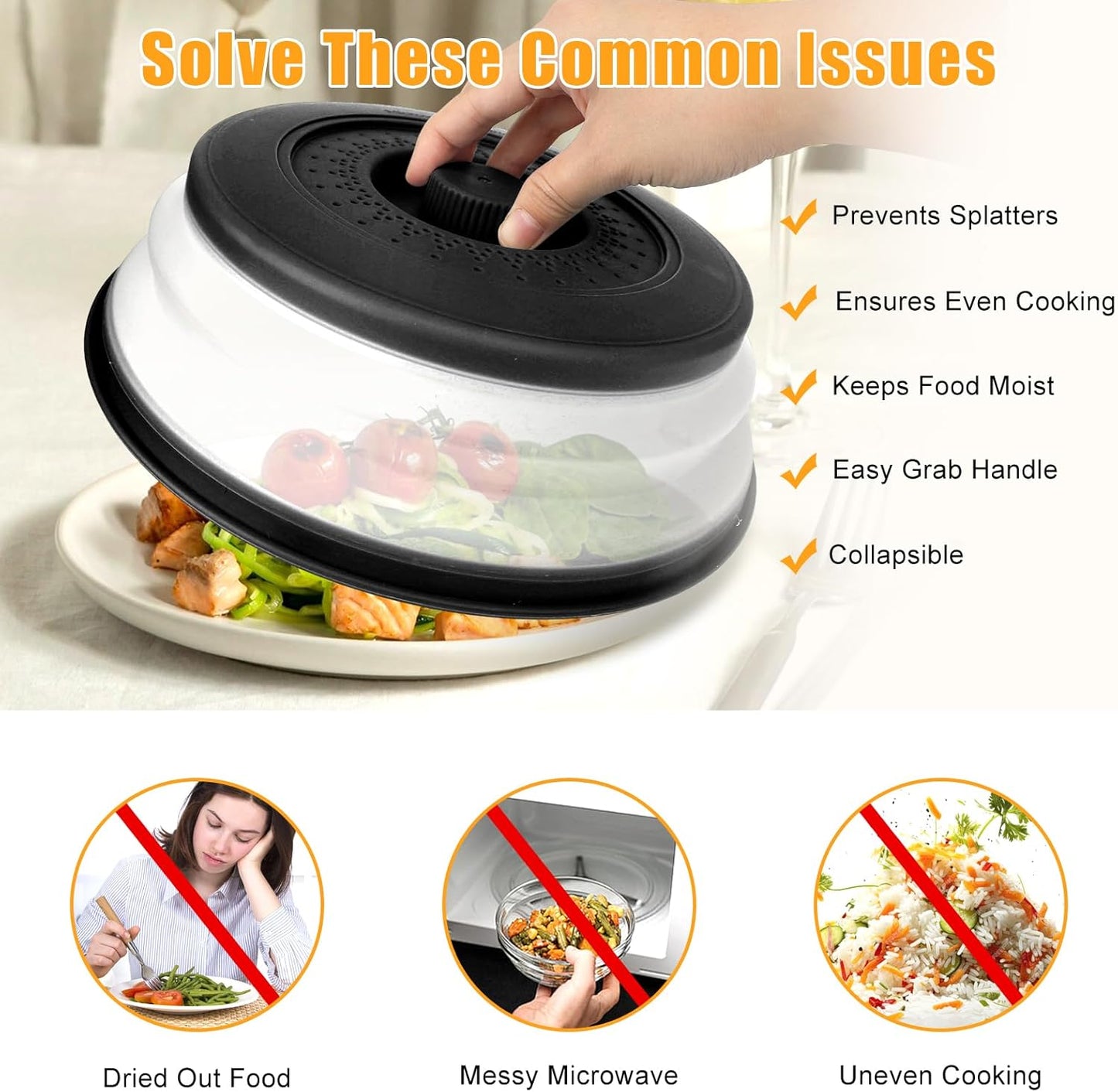Microwave Splatter Cover Vented for Food,Collapsible Splatter Guard & Colander Kitchen Gadget for Fruit Vegetables,Microwave Lid with Handle Tray,Dishwasher-Safe BPA-Free Silicone & Plastic