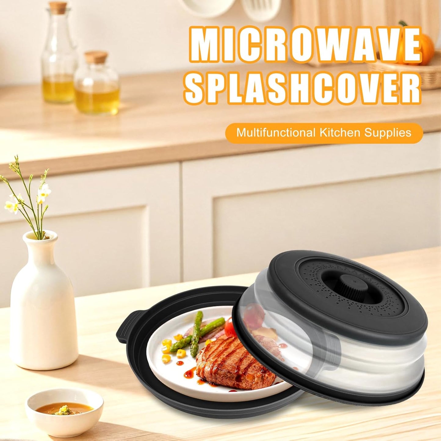 Microwave Splatter Cover Vented for Food,Collapsible Splatter Guard & Colander Kitchen Gadget for Fruit Vegetables,Microwave Lid with Handle Tray,Dishwasher-Safe BPA-Free Silicone & Plastic