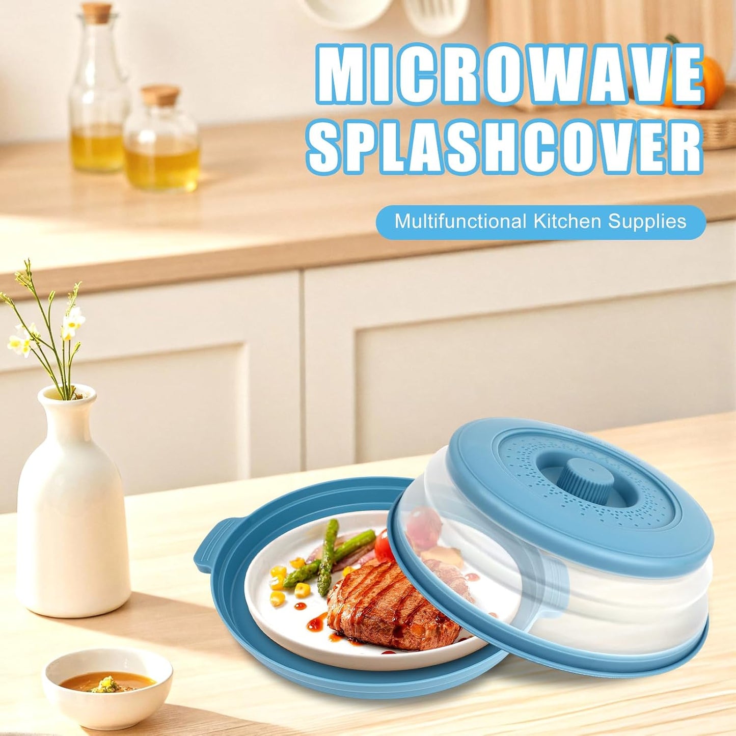 Microwave Splatter Cover Vented for Food,Collapsible Splatter Guard & Colander Kitchen Gadget for Fruit Vegetables,Microwave Lid with Handle Tray,Dishwasher-Safe BPA-Free Silicone & Plastic