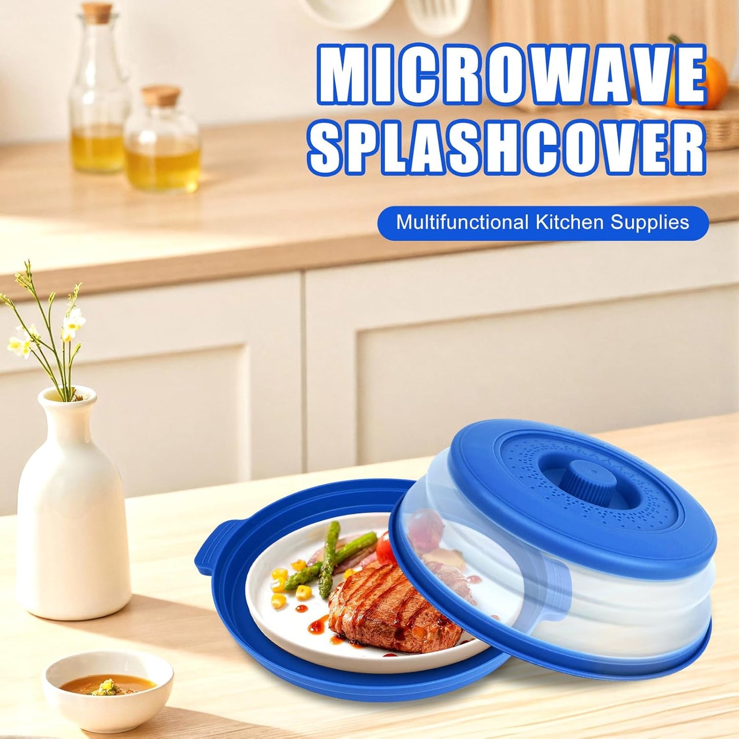 Microwave Splatter Cover Vented for Food,Collapsible Splatter Guard & Colander Kitchen Gadget for Fruit Vegetables,Microwave Lid with Handle Tray,Dishwasher-Safe BPA-Free Silicone & Plastic