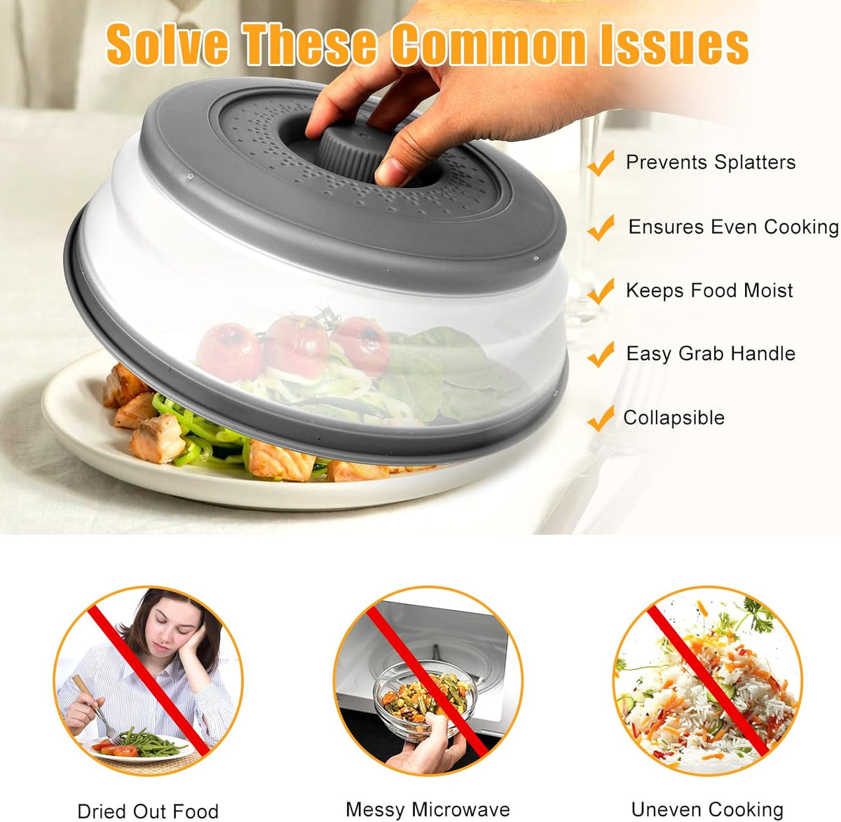 Microwave Splatter Cover Vented for Food,Collapsible Splatter Guard & Colander Kitchen Gadget for Fruit Vegetables,Microwave Lid with Handle Tray,Dishwasher-Safe BPA-Free Silicone & Plastic