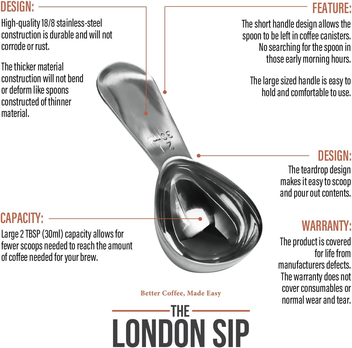 Stainless Steel Coffee Scoop, 2 Tablespoon Scoop Great for Ground Coffee and Tea