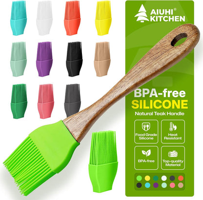 Basting Brush for Cooking, Silicone Oil Brush with Wooden Handle, Heat Resistant Pastry Brushes with 12 Color Silicone Brush Head
