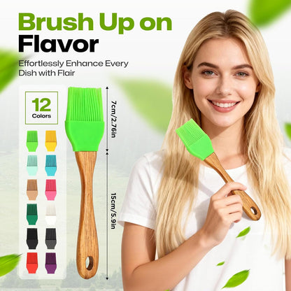 Basting Brush for Cooking, Silicone Oil Brush with Wooden Handle, Heat Resistant Pastry Brushes with 12 Color Silicone Brush Head
