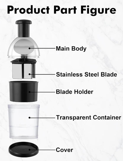 Food Chopper, Manual Slap Vegetable Chopper Onion Dicer, Garlic Mincer | Hand Chopper for Onion Nut Pepper Celery Tomato, Easy & Safe Chopping, No BPA, Durable Stainless Steel Blade, Dishwasher Safe
