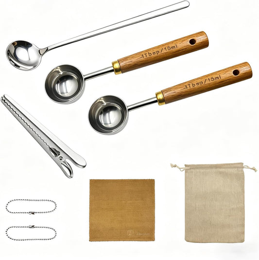 Coffee Scoop with Wooden Handle, 1 Tablespoon/ 15 ml, 304 Stainless Steel Measuring Spoon for Ground Coffee, Espresso, Tea, Protein Powder, Spices (6 Pack)