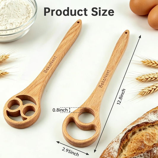 Danish Dough Whisk 2 Pack, Wooden Sourdough Bread Whisk with Hole