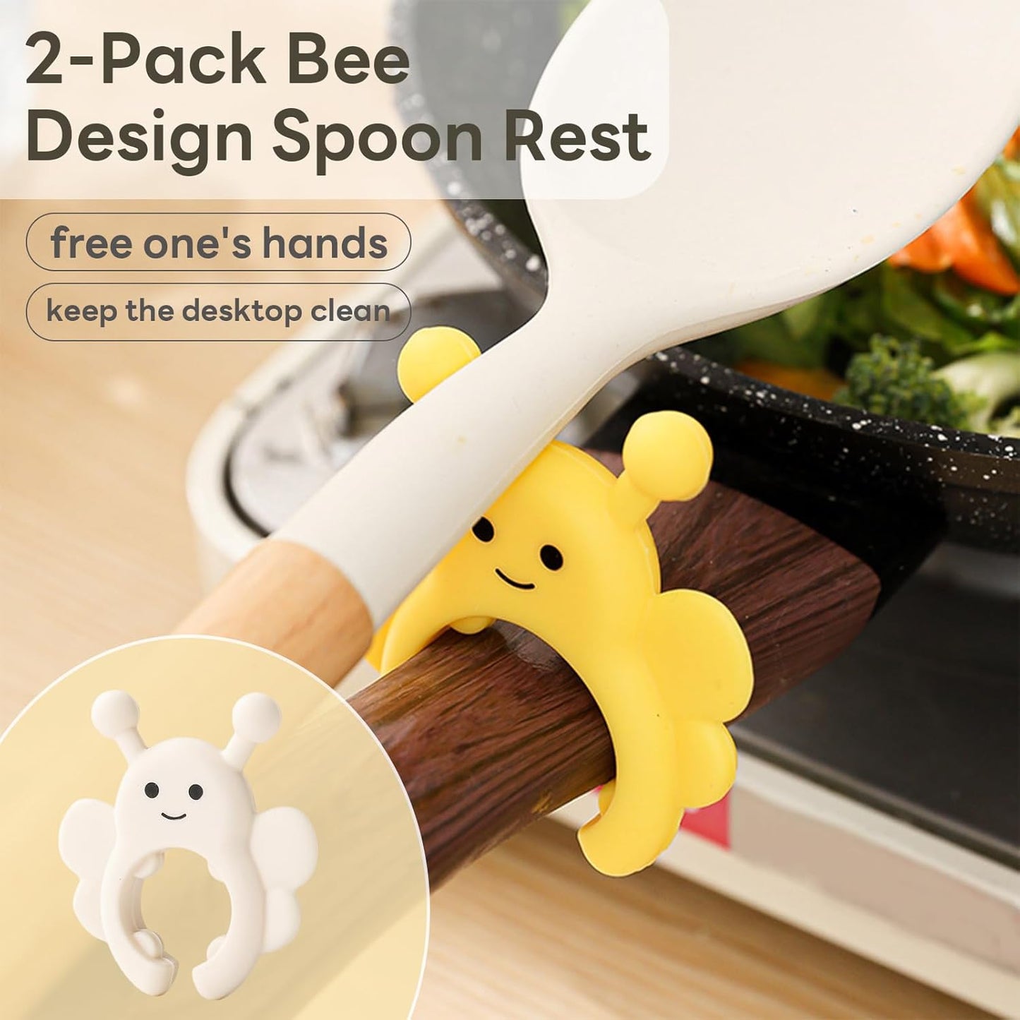 Silicone Spatula Holder 2-Pack Bee Design Spoon Rest, Heat-Tolerant and Space-Saving Kitchen Utensil Pot Clips for Holding Spatulas and Spoons, Clip-On Pot Handle Design, (Yellow & Cream)