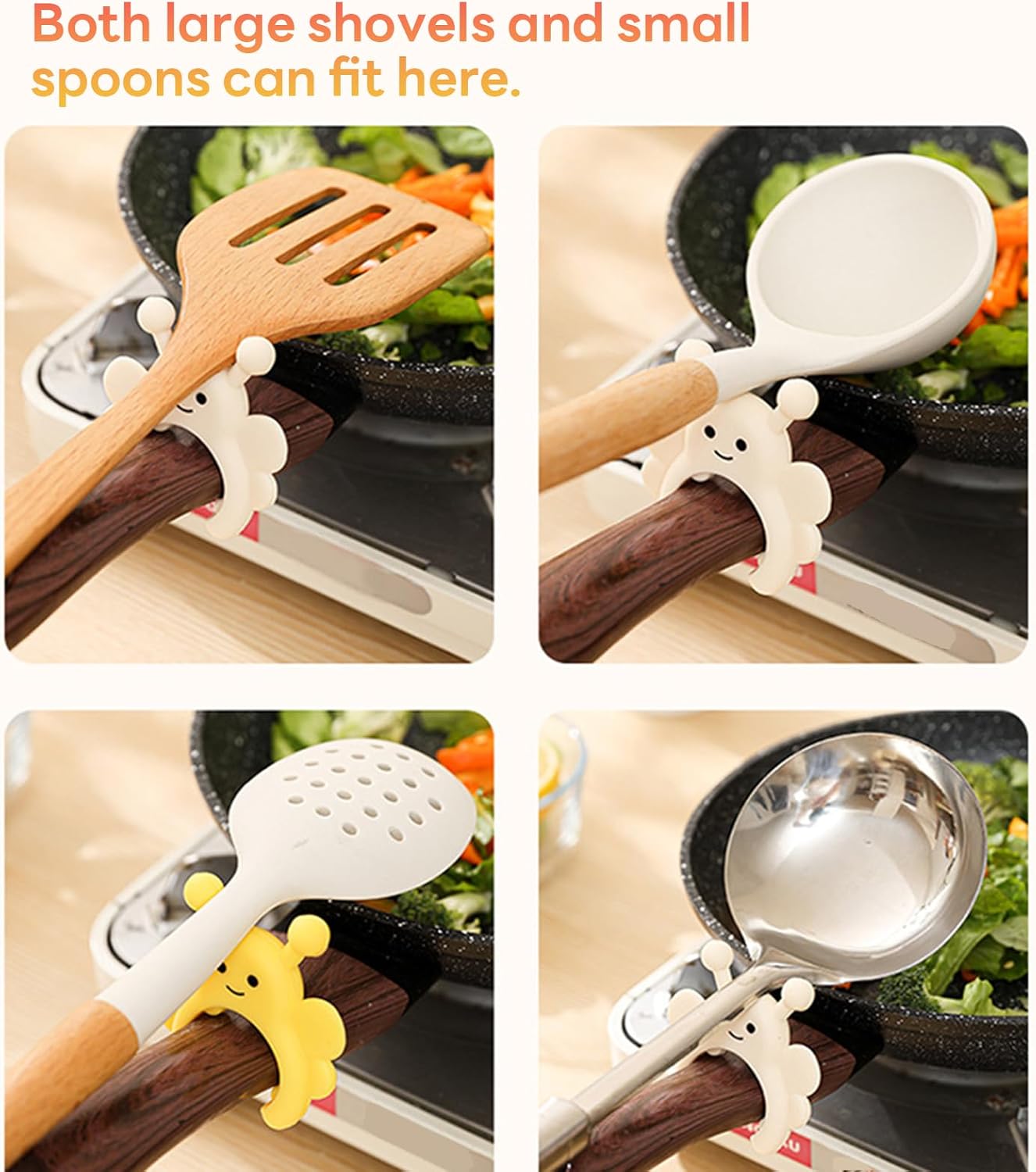 Silicone Spatula Holder 2-Pack Bee Design Spoon Rest, Heat-Tolerant and Space-Saving Kitchen Utensil Pot Clips for Holding Spatulas and Spoons, Clip-On Pot Handle Design, (Yellow & Cream)